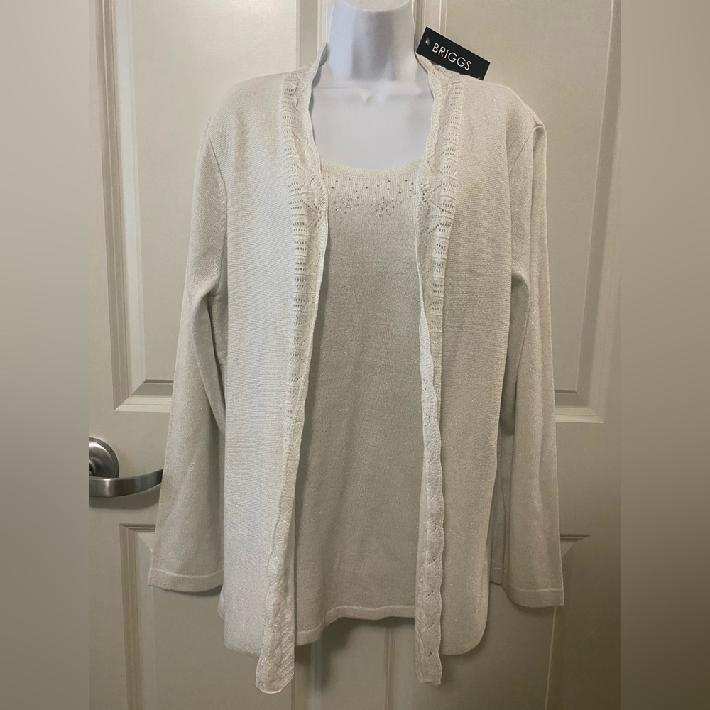 Briggs New York NWT White One Piece Jeweled Sweater Cardigan w Attached Top